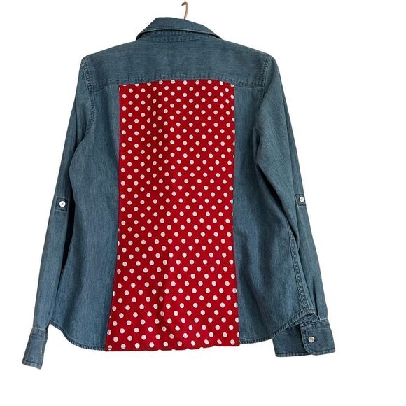 Talbots Upcycled Disney Minnie Mouse Red Polka Dot + Chambray Shirt 10P - Picture 3 of 6